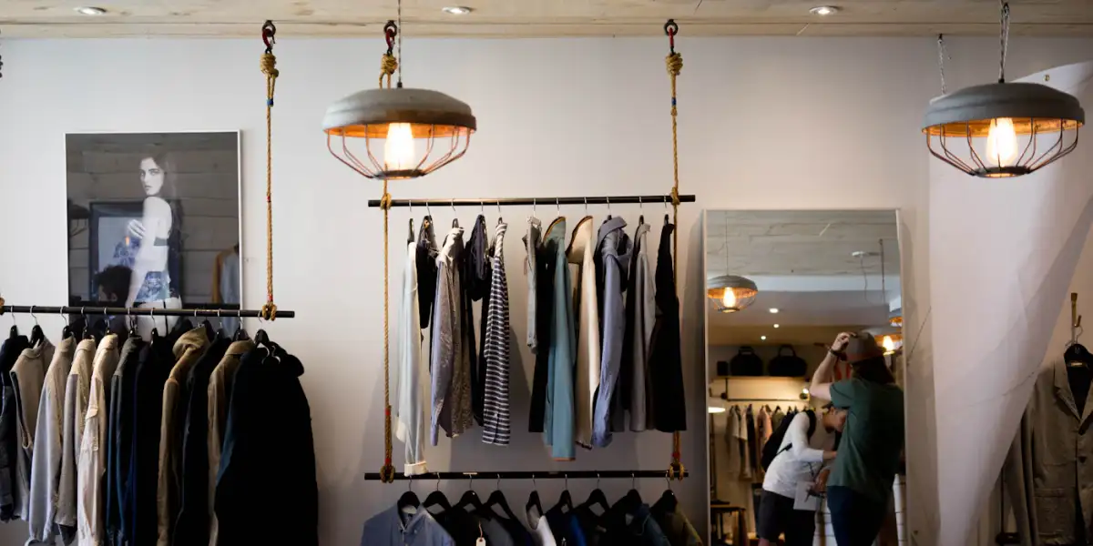 Interior of a clothing boutique with clothes rails
